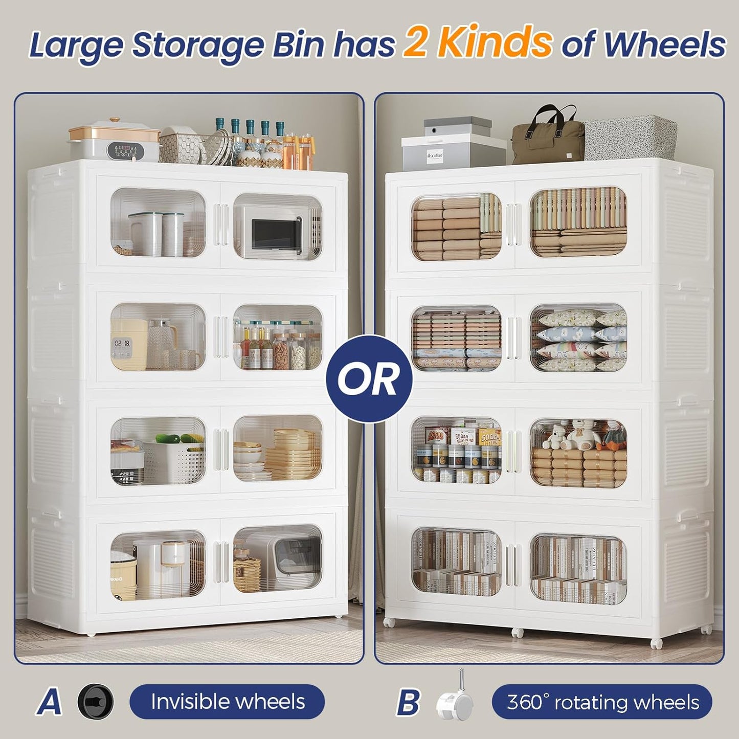 200GAL Extra Large Storage Bins with Lid, 800QT Storage Bins with Wheels, Folding Closet Organizer, Stackable Collapsible Plastic Storage Containers for Home, Office, Dorm, 4Pack White