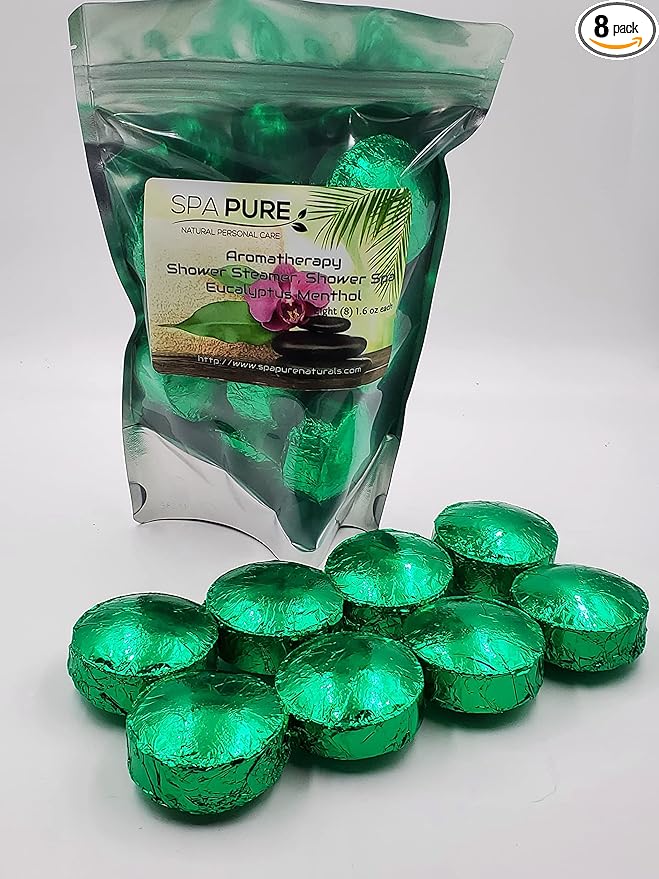 Spa Pure Menthol Aromatherapy Shower: Steamers Tablets Bombs With 100% Natural/Organic Essential Oils - Transform Your Shower - Transform Your Mood (Count of 8) Pack of 1