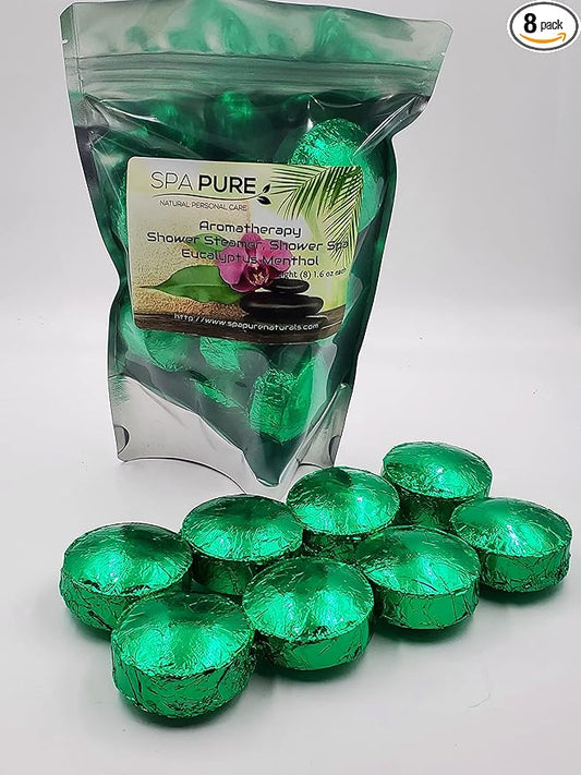 Spa Pure Menthol Aromatherapy Shower: Steamers Tablets Bombs With 100% Natural/Organic Essential Oils - Transform Your Shower - Transform Your Mood (Count of 8) Pack of 1