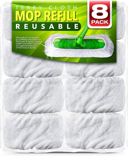 VanDuck Reusable 100% Cotton Mop Pads Compatible with Swiffer Sweeper (8-Pack), Terry Cloth Mop Covers Washable for Wet Mopping and Floor Cleaning (Handle is Not Included)