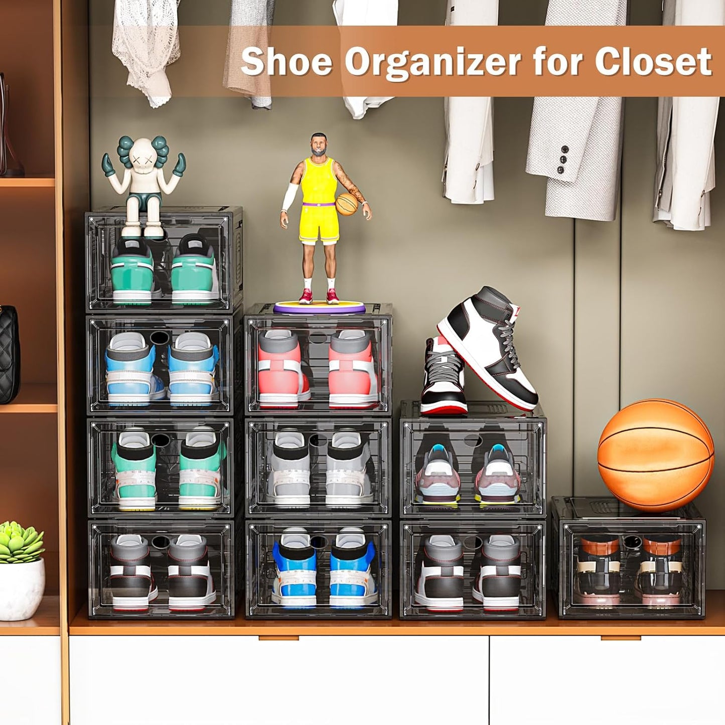 10 Pack Thicken Shoe Organizer Stackable,Upgraded Sturdy Shoe Storage Box with Magnetic Door,Shoe Containers For Sneaker Display,Hat Organizer,Black…