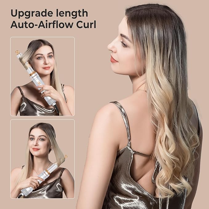 6 in ONE Blow Dryer Brush,Air Curling Iron Round Brush Blow Dryer 800W,Ionic Hair Dryer Brush for Women, Hot Air Brush Hair Styling Tools 100-120V (White Gold)