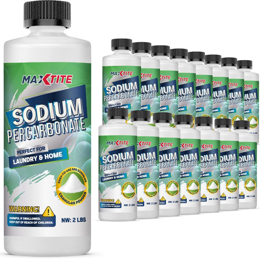 MAXTITE Sodium Percarbonate (32 lbs total - 16 pack of 2 lbs bottles) - 100% Pure Solid Hydrogen Peroxide/Oxygenated Bleach - Home & Laundry Multi-Use Cleaner - HDPE w/Resealable Child Resistant Cap