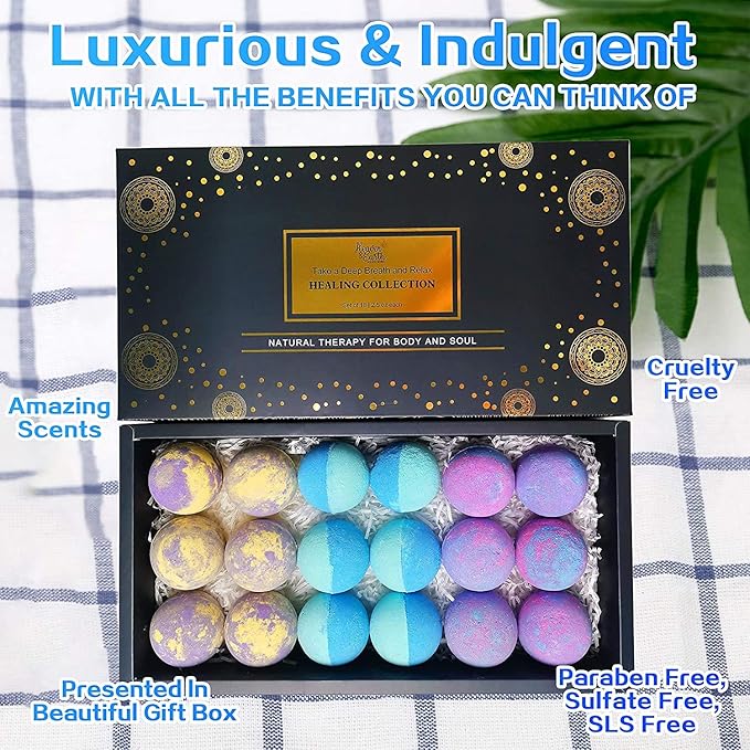 Aromatherapy Bath Bomb Set for Women & Men! Healing Essential Oil Bath Bombs Gift Box with 18 Large Natural Moisturizing Bath Fizzies Bulk Wrapped BathBomb Gift Set for Dry Skin
