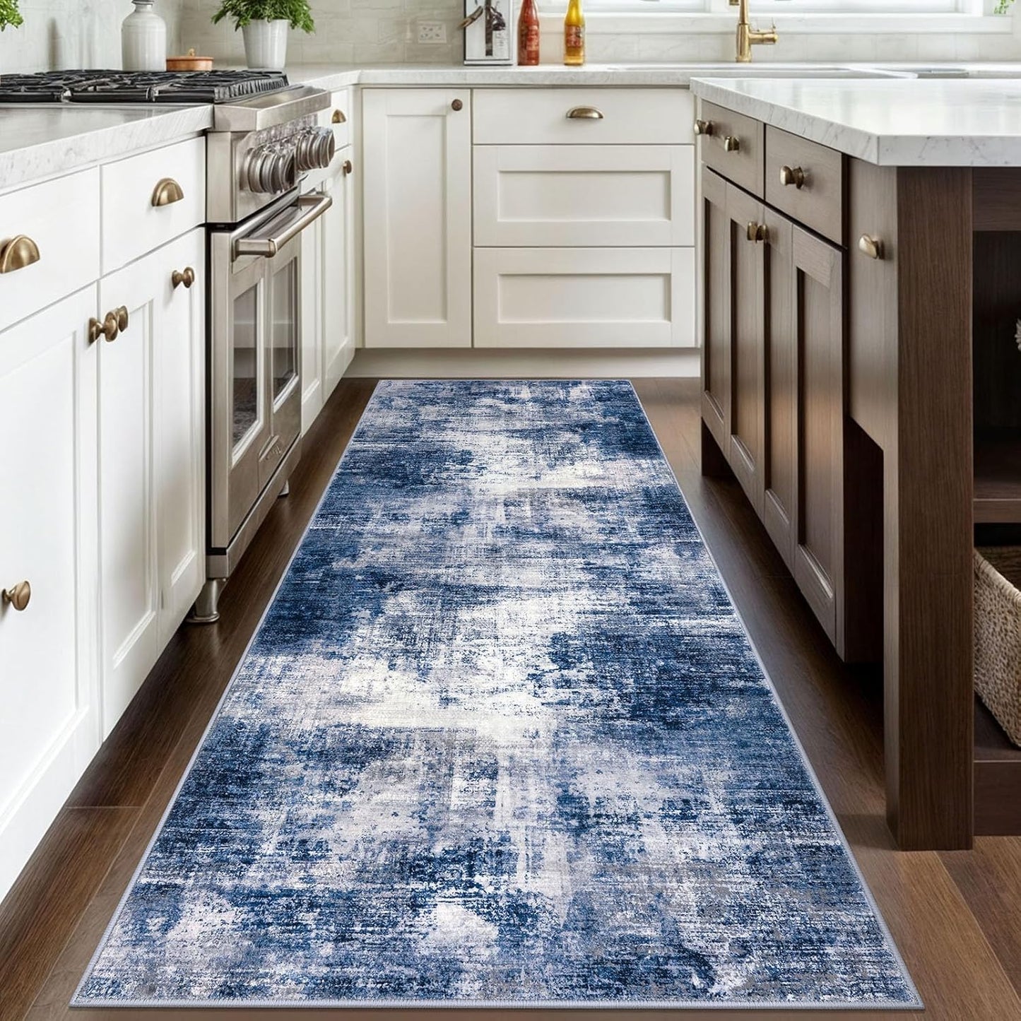 IOHOUZE Abstract Runner Rug 3x8 Ft Washable Runners for Hallways, Non Slip Kitchen Runner Printed Faux Wool Entryway Runner Indoor, Modern Abstract Floor Carpet for Hall Bedroom, Navy/Grey
