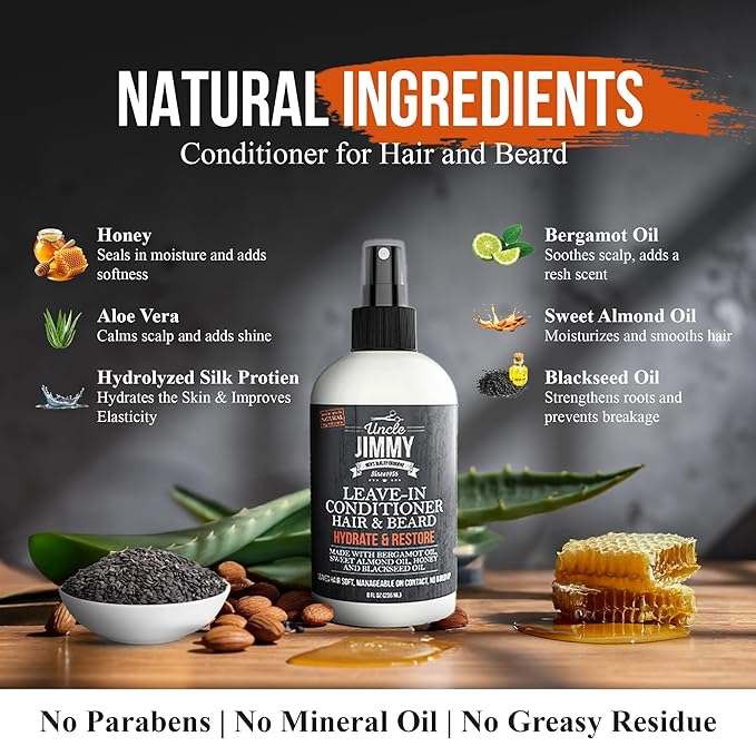 Uncle Jimmy Products Leave-In Conditioner for Healthy Beard Growth, Softening Hair, Hydrating Skin, and Eliminating Dandruff - 8 Fl Oz
