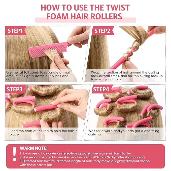Syhood 30 Pcs 7'' Flexible Curling Rods Twist Foam Hair Rollers Soft Foam No Heat Hair Rods Rollers and 1 Steel Pintail Comb Rat Tail Comb for Women Long Short Hair(Pink,7 x 0.39 Inch)