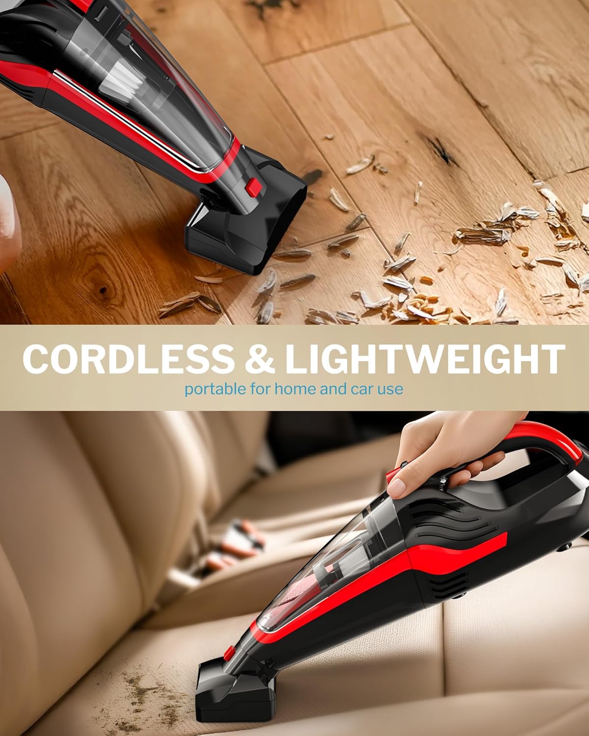 Pet Hair Handheld Vacuum Cordless, Car Vacuum Rechargeable with Reusable Filters, Motorized Brush and Multi-Accessories for Carpet, Couch & Stairs, Red, 17.0"X 4.6"X 6.6"