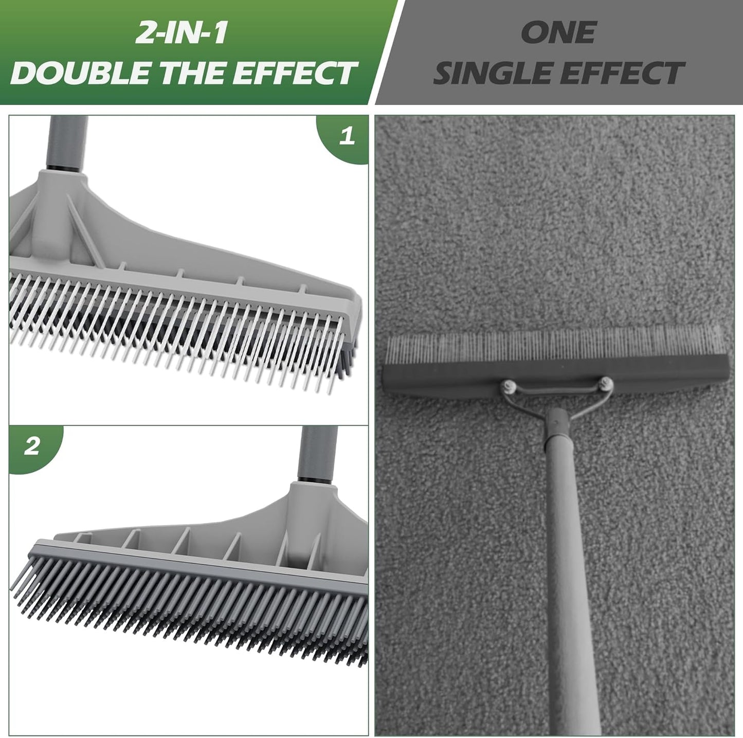 Walensee Carpet Rake for Pet Hair Removal, 61" Carpet Hair Cleaning Tool with Adjustable Long Handle, 2-in-1 Rubber Broom and Nylon Carpet Brush for Fur Rug, Stairs and Mats - Washable, Durable
