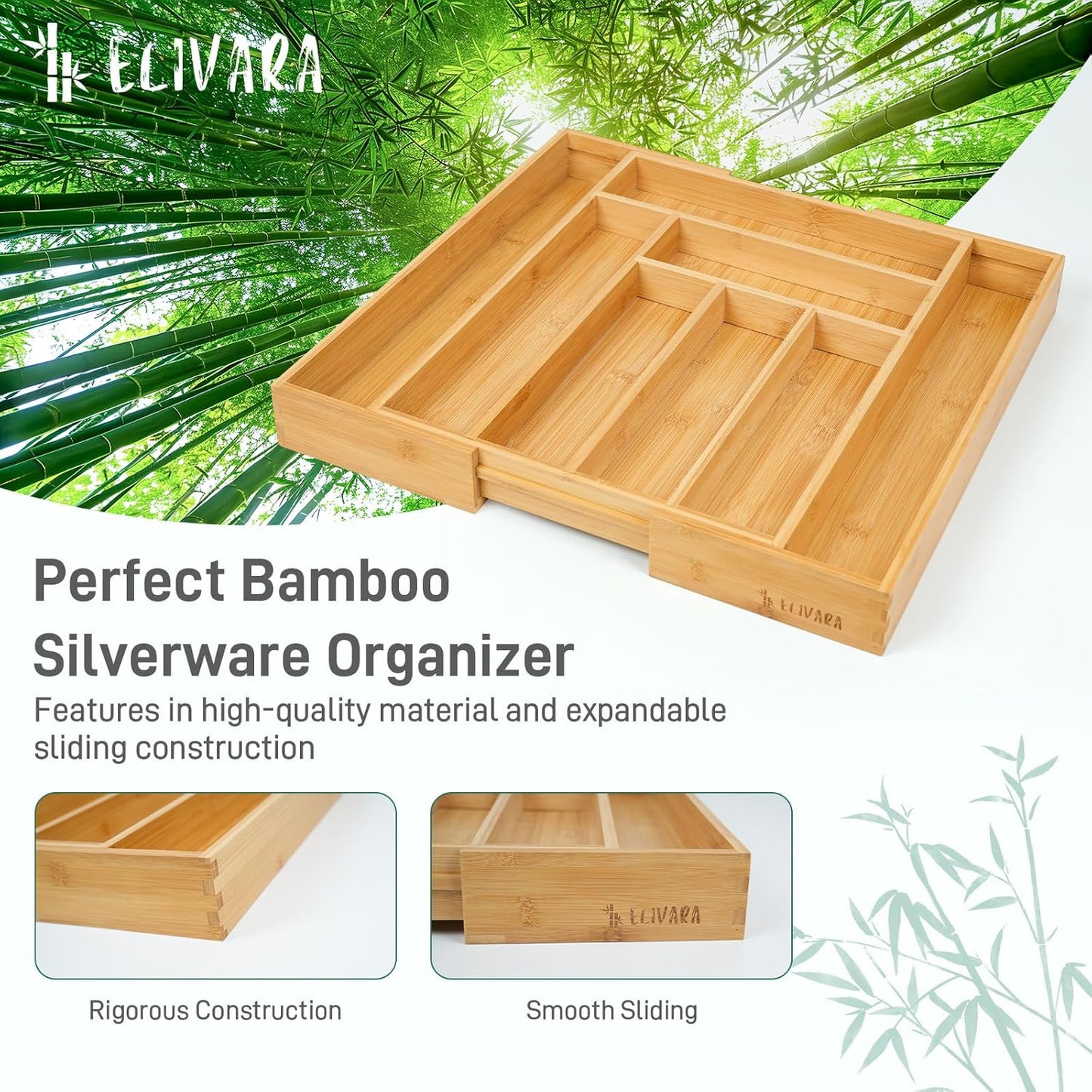 100% Bamboo Expandable Drawer Organizer - Adjustable Utensil and Cutlery Tray for Kitchen, Office, and Bathroom Storage.
