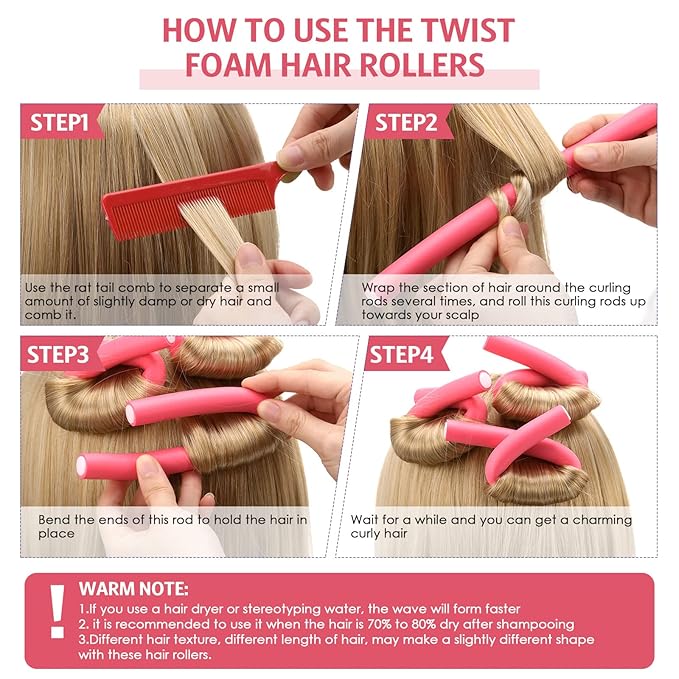 WILLBOND 60 Pieces Flexible Curling Rods Hair Curlers Rollers Twist Flexi No Heat Rods Rollers for Long Short Hair Women(0.6 x 9.5 Inch,Red)