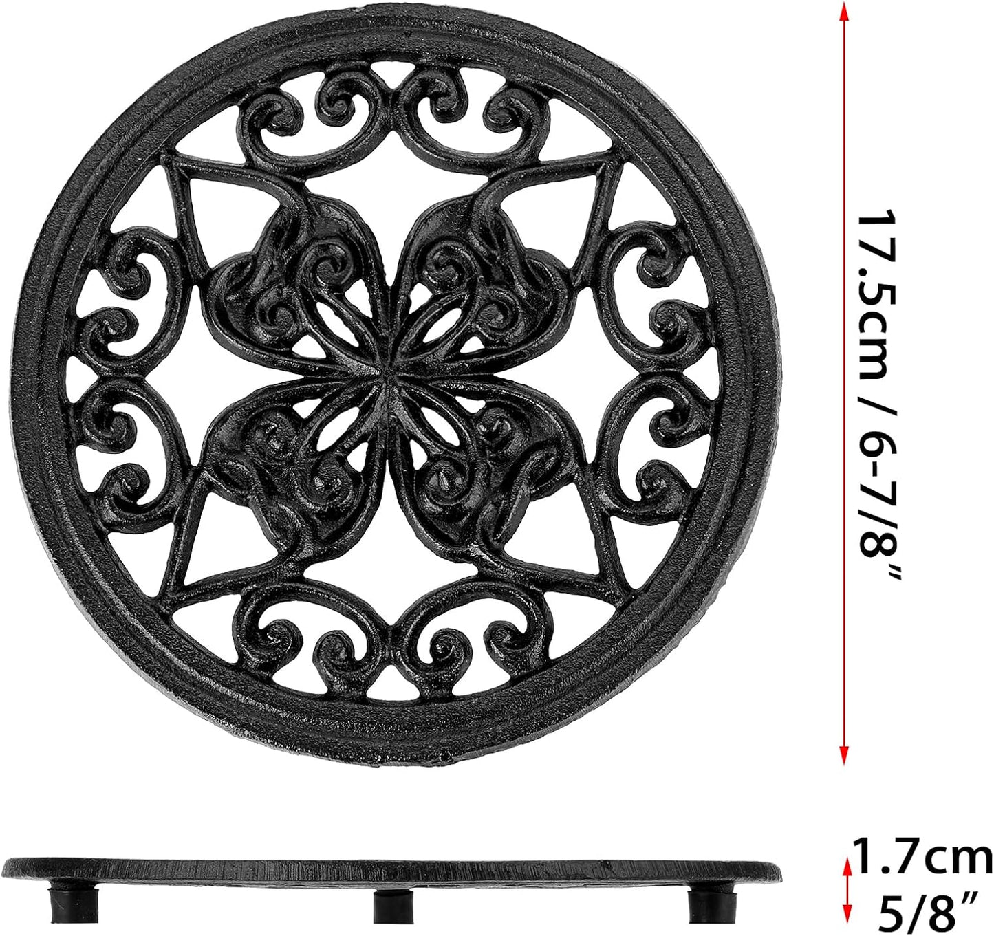 JUXYES 2 PCS Decorative Cast Iron Metal Trivet with Rubber Feet, Vintage Heat Resistant Iron Mat for Hot Dish Pot Pan Plate Teapot, Round Trivet Mat Hot Pot Holder Pads for Kitchen Or Dining Table