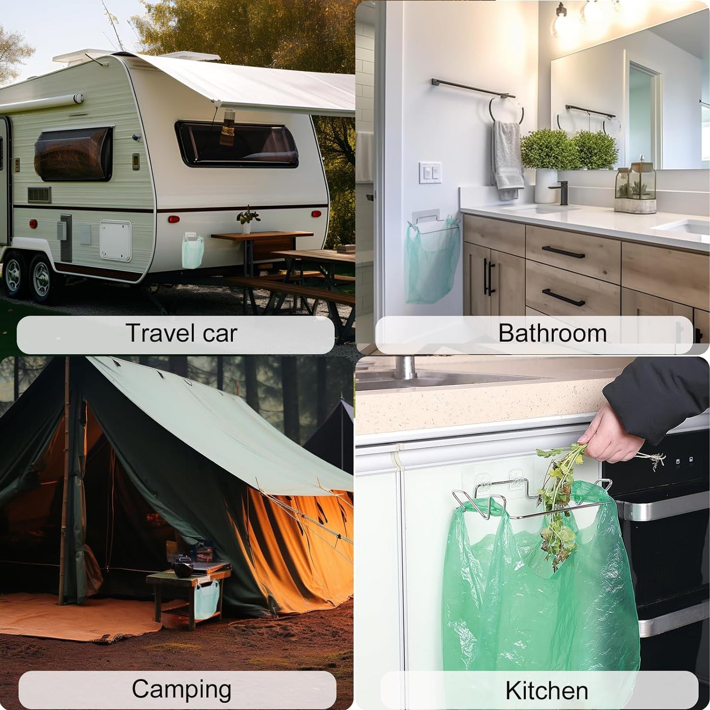 Stainless Steel Trash Bag Holder for Kitchen Cabinets Doors and Cupboards, Under Sink Bag Hanger, Portable Trash can, Waste Bins, Wall Adhesive Hanging Garbage Bins, with Wall Sticker Base