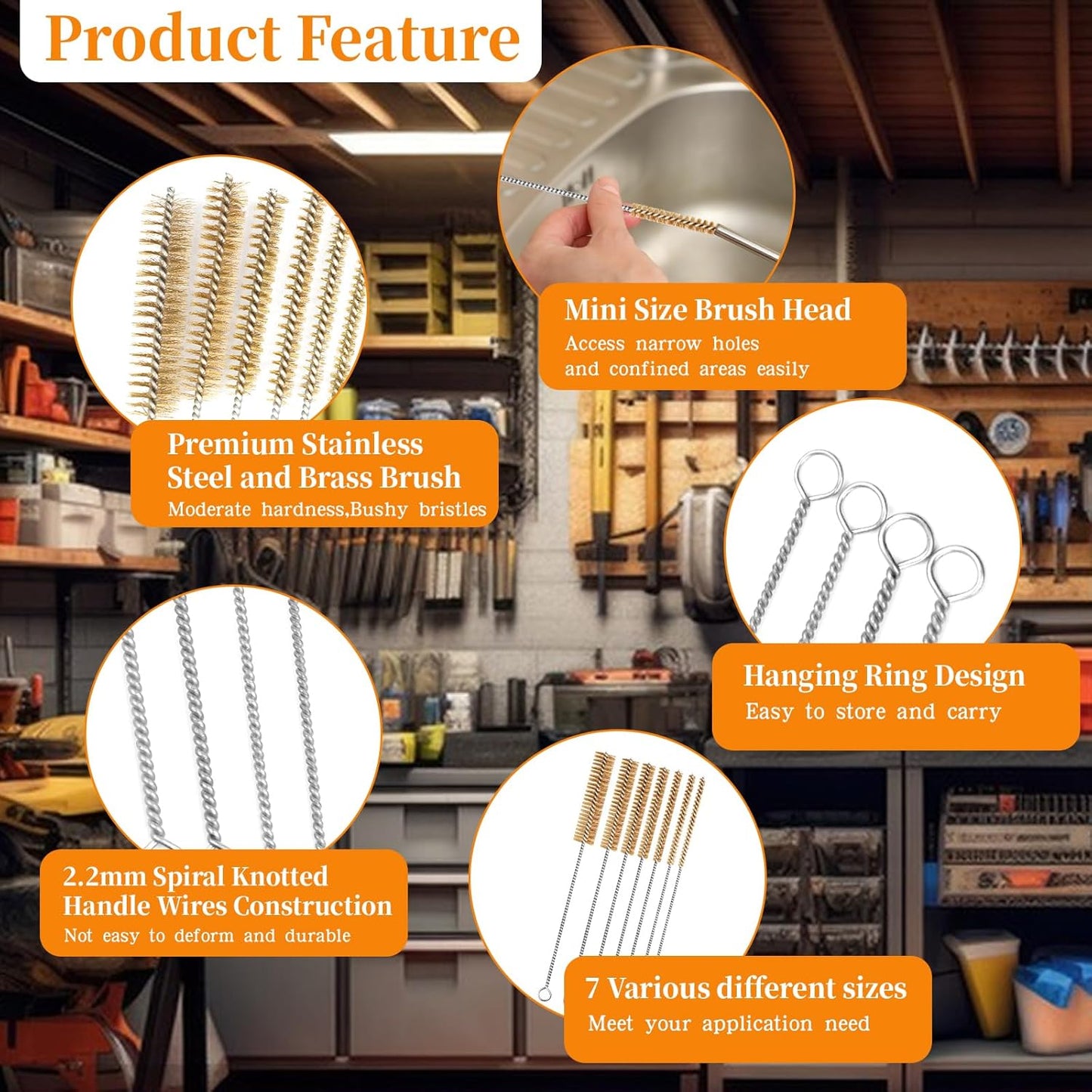 14-Pieces Brass Wire Brush Stainless Steel Tube Brush Set 12" Round Wire Brushes Kit Bore Brush Metal Bristle Cleaning for Pipe, Tube, Auto Parts, Engine (6mm/8mm/10mm/12mm/15mm/20mm/22mm)