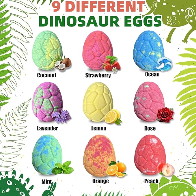 9 Pack Natural and Organic Dinosaur Bath Bombs Bubble Bath Gift Set, Bath Bombs for Kids with Dinosaur Toys Inside, Perfect Birthday Gifts for Kids (9pcs, 90g