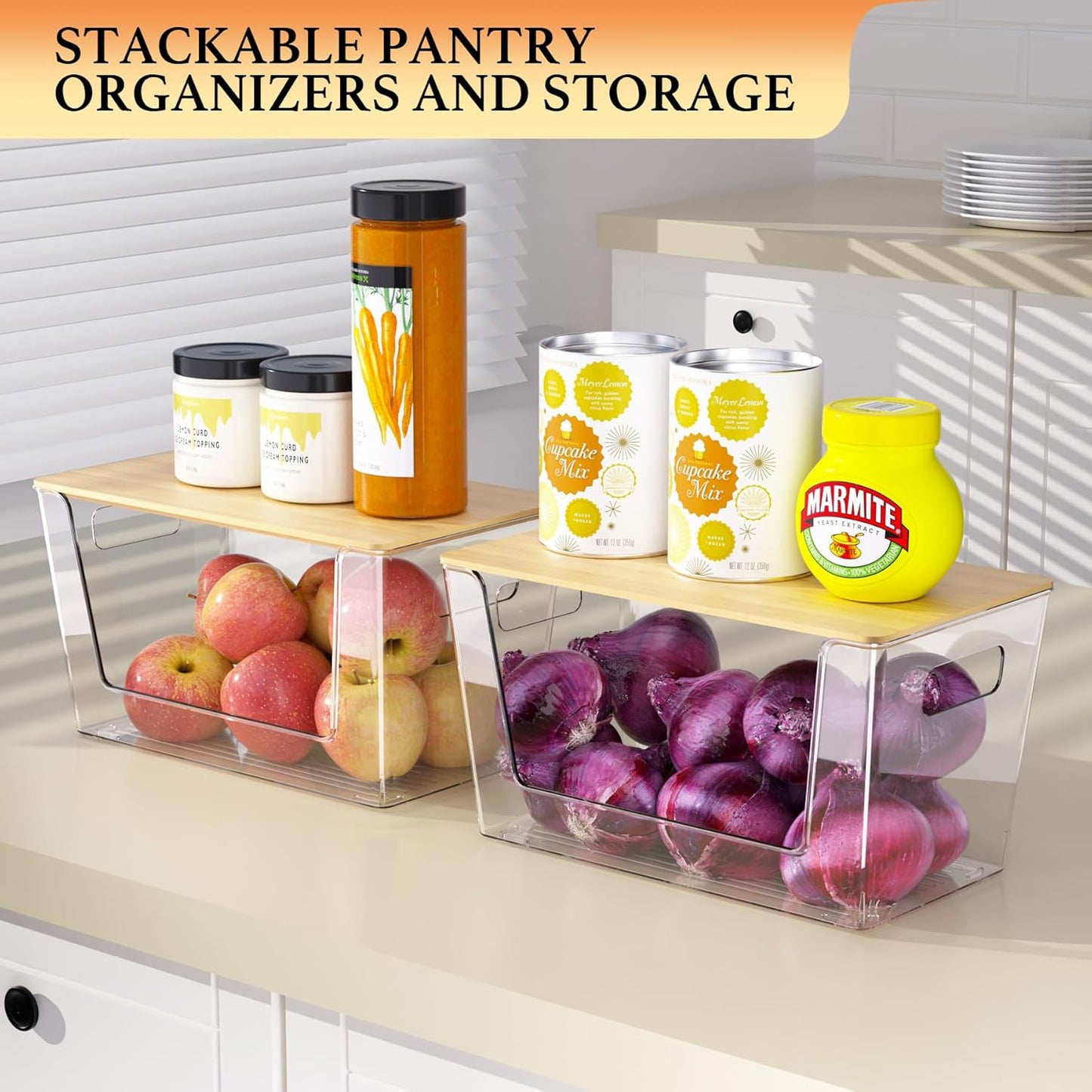 6 Pack Clear Stackable Storage Bins with Bamboo Lids, Plastic Storage Containers with Handle for Pantry, Bathroom, Kitchen, Closet, Cabinet, Fridge Organizer and Storage