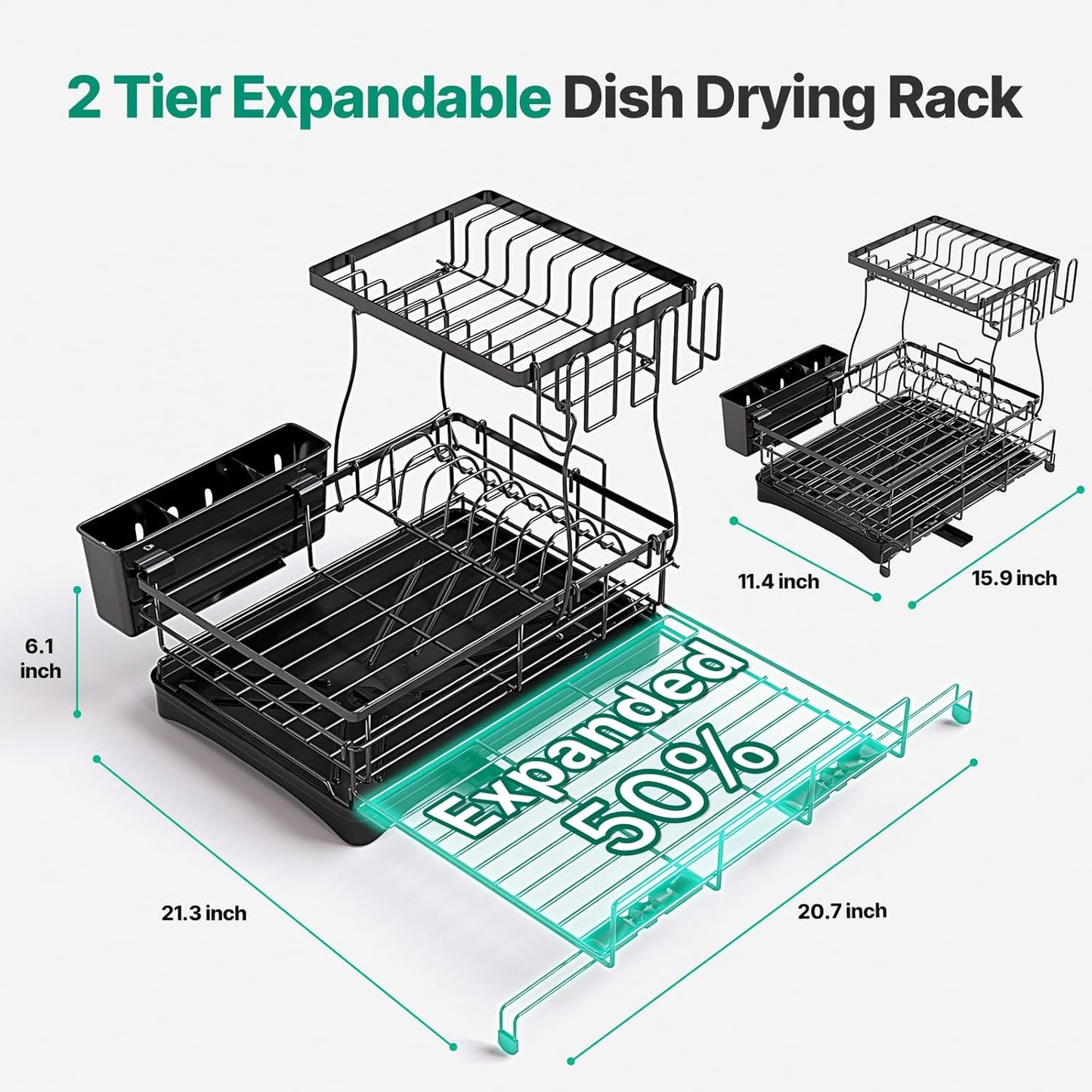 2 Tier Expandable Dish Drying Rack, Large Stainless Steel Dish Drying Rack Drainers for Kitchen Counter, Upgrade Dish Drainer with Utensil Holder, Drainboard & Cups Holder, Anti-Rust & Space Saving