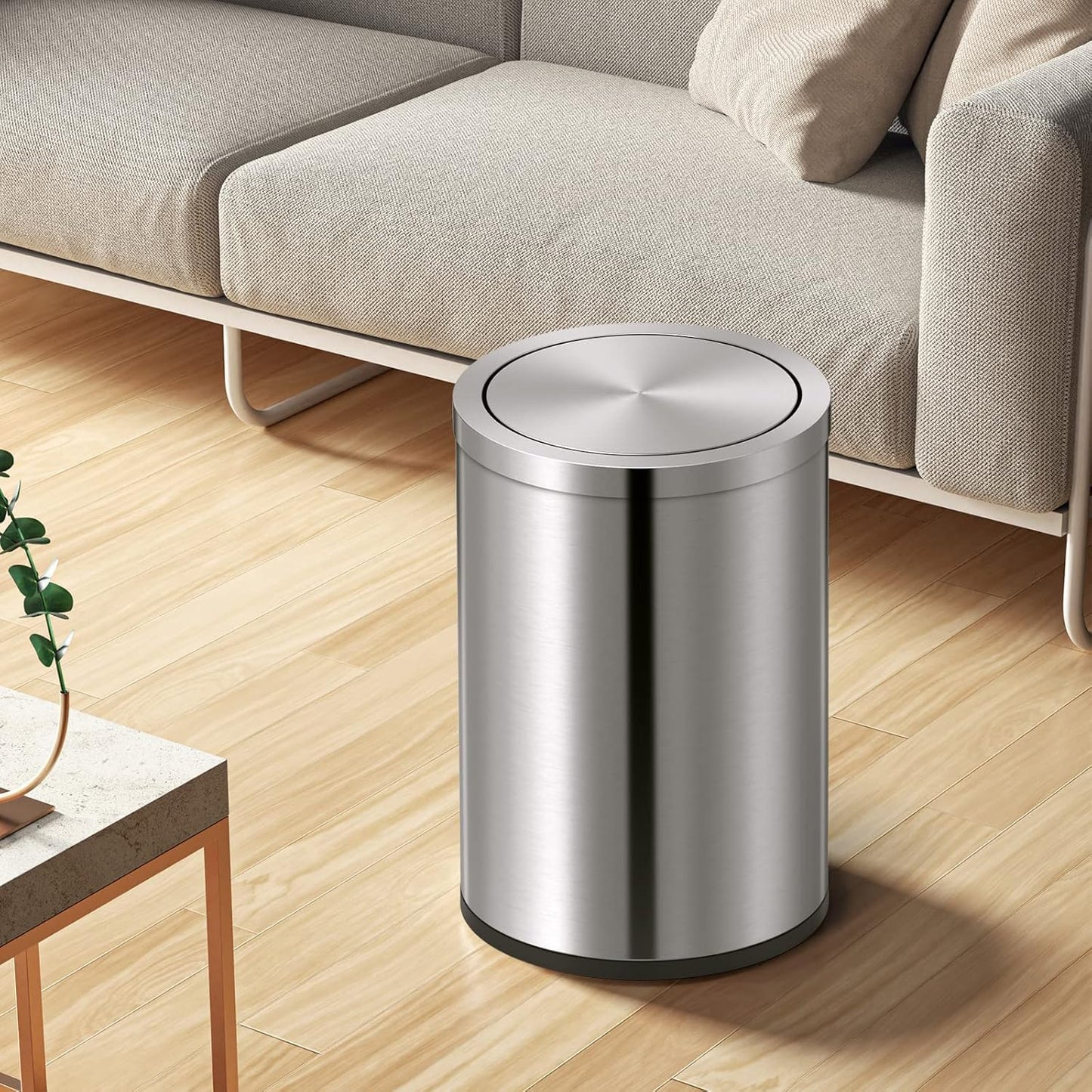 Mbillion Small Trash Can with Swing Lid 4 Gallons/15 Liter, Mini Trash Can with lid, Stainless Steel Cylindrical Garbage Can for Home and Office, for Ground and Desktop(Brushed Silver)