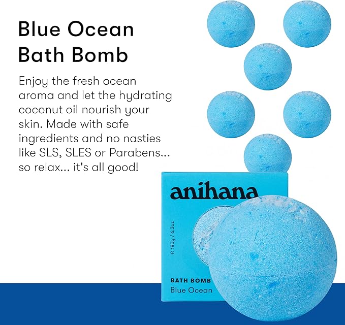 ANIHANA Bath Bomb with Coconut Oil, Paraben Free, Hand-Crafted Luxury Fizzers, Refreshing Blue Ocean Scent, 6.3 oz