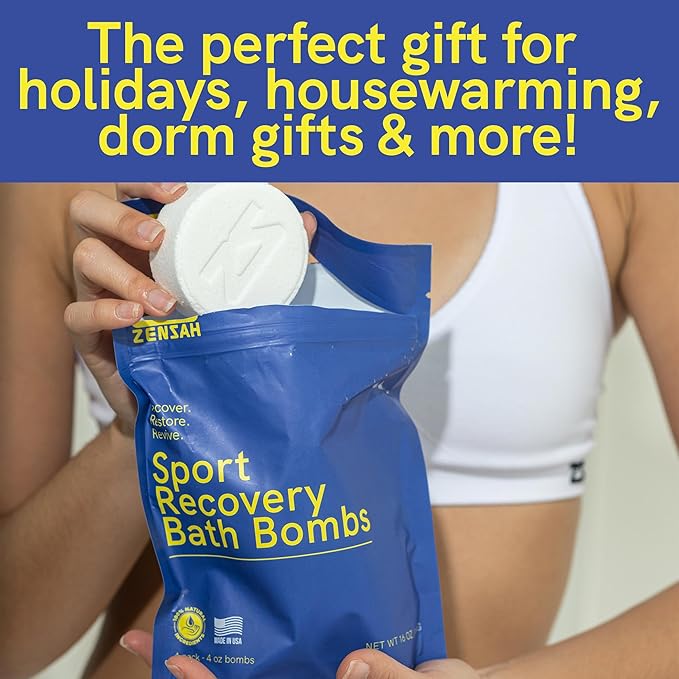 Zensah Sport Recovery Bath Bombs - Magnesium Epsom Salt for Soaking Sore Muscles, Birthday Gifts, Made in USA with Essential Oils, Peppermint and Eucalyptus Relaxation for Athletes, Men and Women