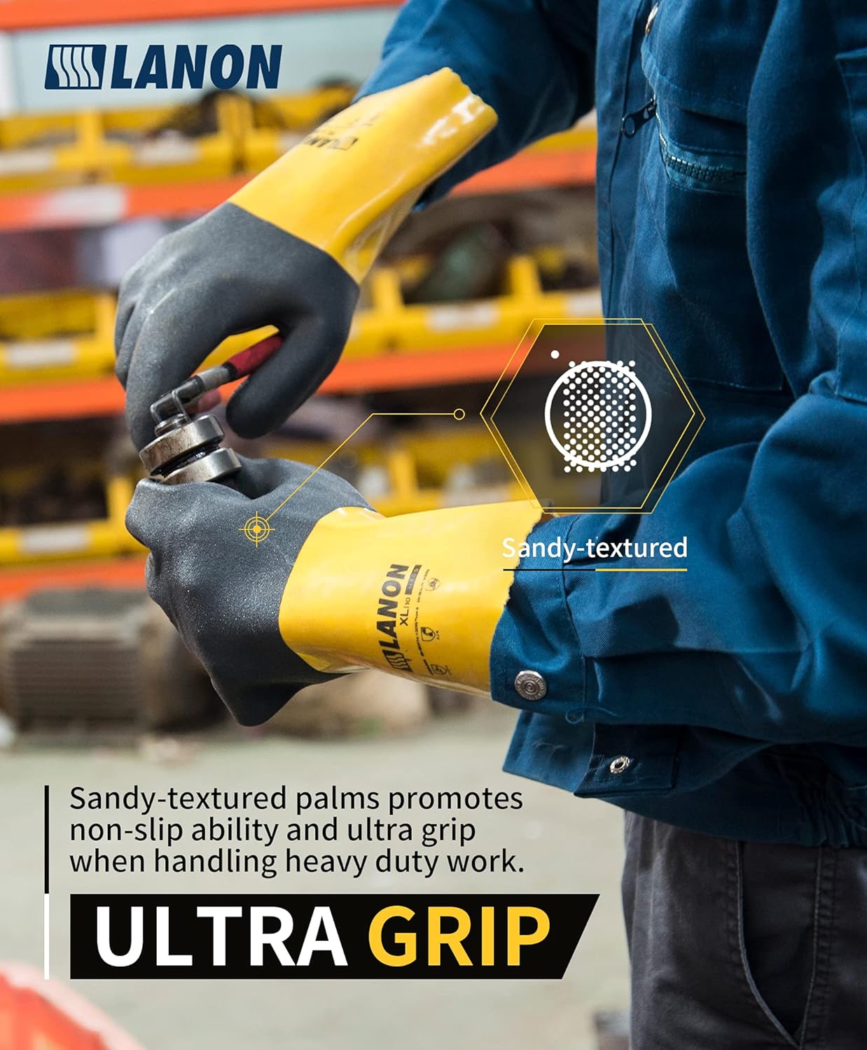 LANON PVC Chemical Gloves, Thick Rubber Work Gloves, Heavy-Duty, EN 374/388, Acid, Alkali and Oil, Non-Slip, XXL