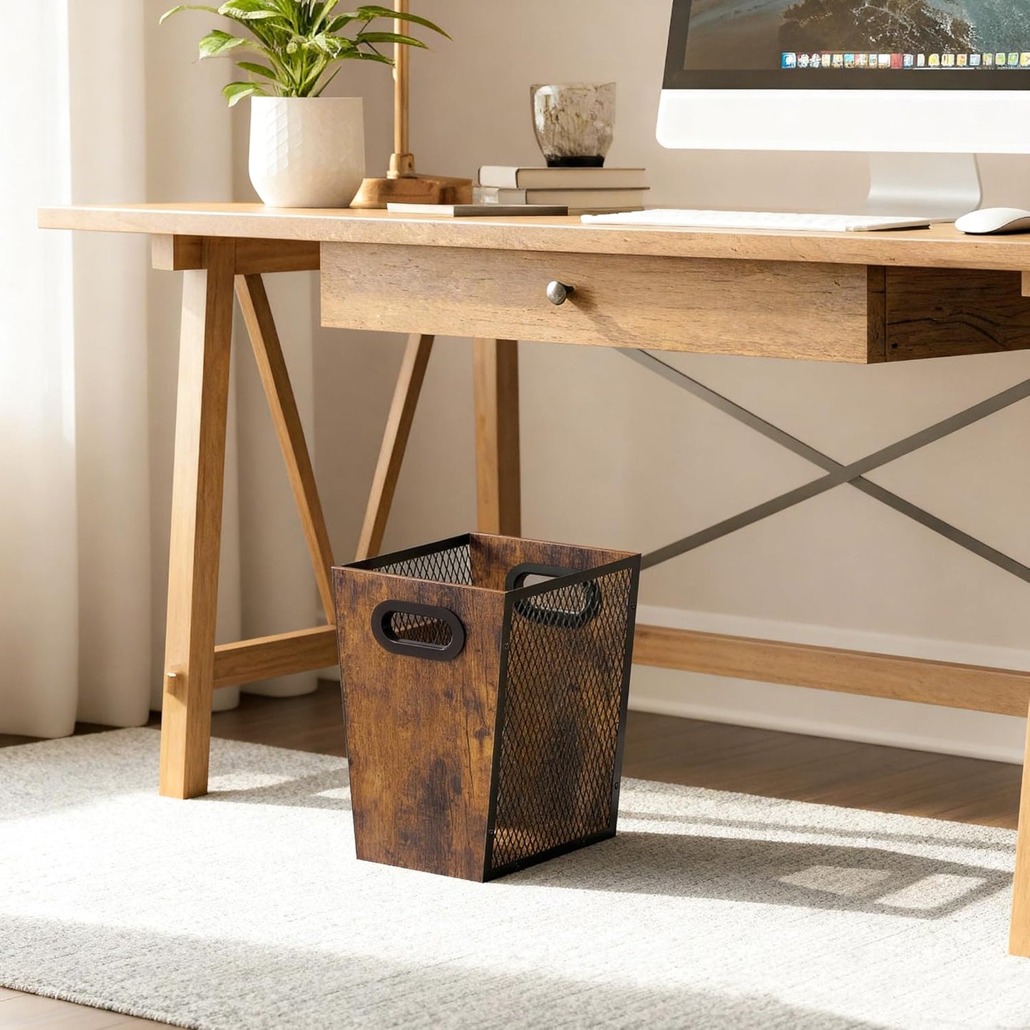 Piskyet Rustic Office Trash Can for Near Desk, 4.5 Gallon Unique Wood Bedroom Garbage Can,Vintage Wastebasket with Handle, Decorative Trash Can for Home Office,10.8" L x 7.8" W x 11.8" H
