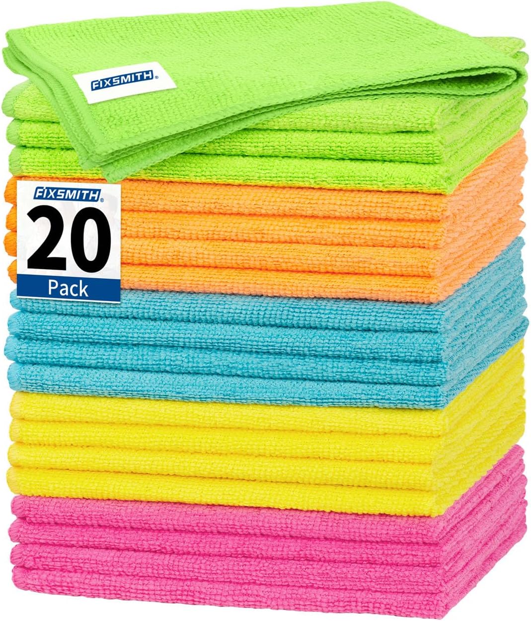 FIXSMITH Microfiber Cleaning Cloth, 20 Pack Cleaning Rags, Cleaning Towels for Housekeeping, Kitchen, Car, Lint-Free, Reusable Shop Towels with 5 Colors (Green/Blue/Yellow/Orange/Pink), 12"X12"