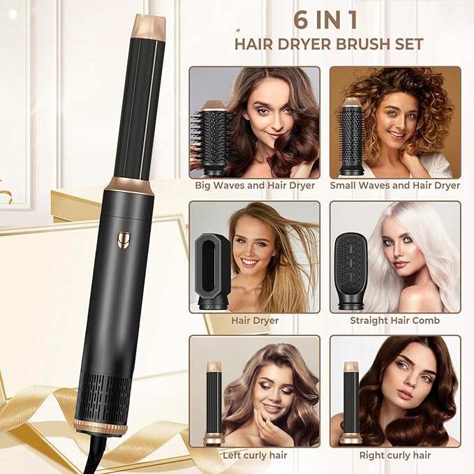 6 in ONE Hair Dryer Brush, Blow Dryer Curling Wand Hair Styling Tools Set, Ionic Hot Air Massage Oval Blowout Hair Dryer, Left&Right Hair Styler