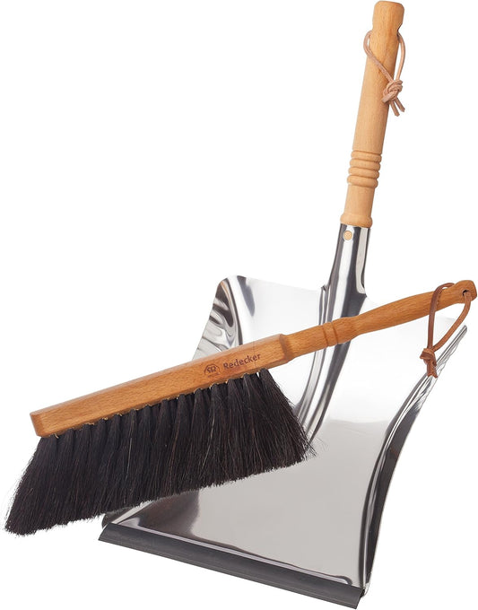 REDECKER Horsehair Fiber Hand Brush and Dust Pan Set - Wooden Broom and Dustpan Set for Home - Outdoor Dust Pan and Brush - Oiled Beechwood Handles - Large Capacity Stainless Steel Dust Pan