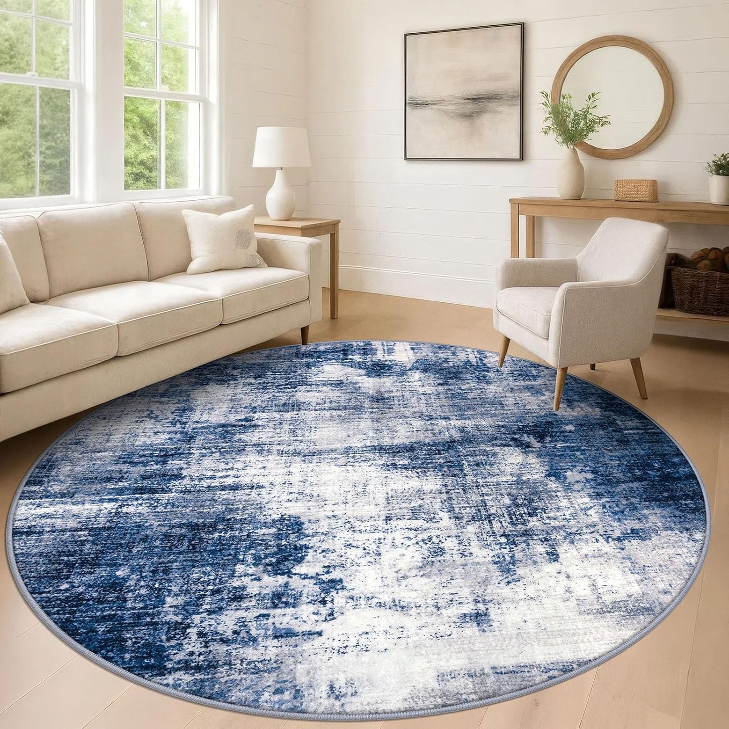 IOHOUZE Abstract Round Area Rug 8 Ft Washable Circle Rugs Large Round Rug Non Slip Thin Soft Circle Rugs, Printed Faux Wool Floor Carpet for Bedroom Living Room Dining Room Nursery, Navy/Grey