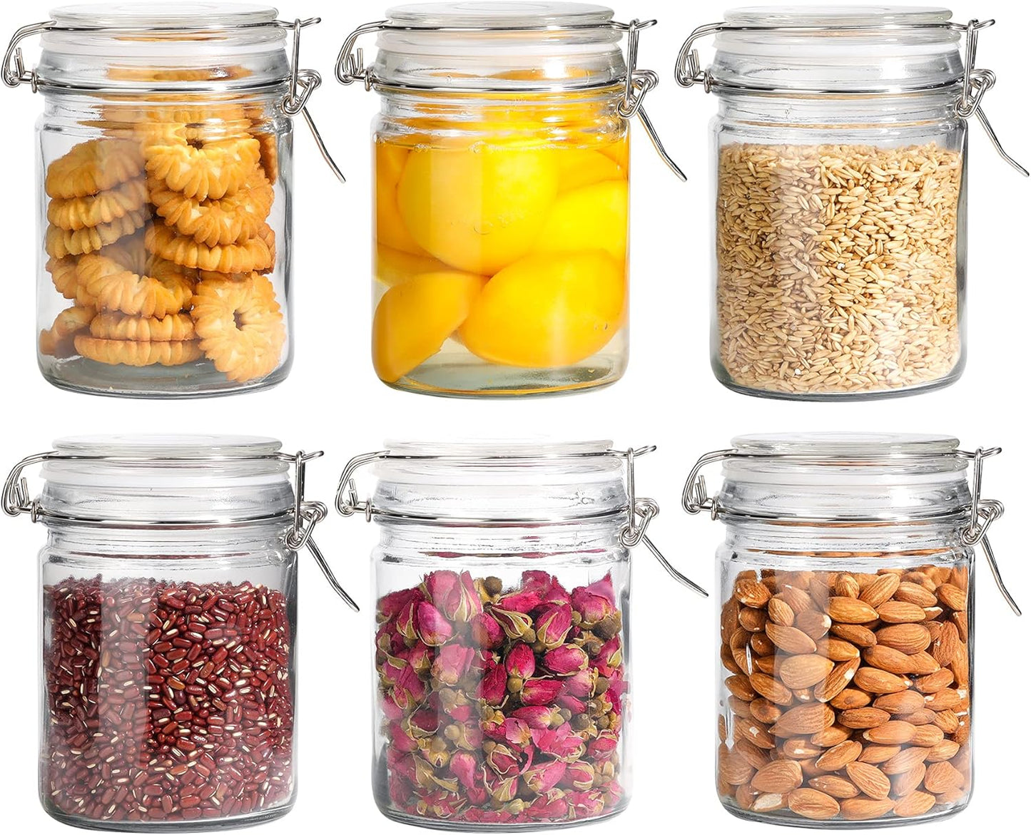 ComSaf Airtight Glass Canister with Lid Set of 6, 25oz Food Storage Jar, Mason Jars, Storage Container with Seal Wire Clamp Fastening for Kitchen Fermenting Preserving Canning Pasta Flour Cereal