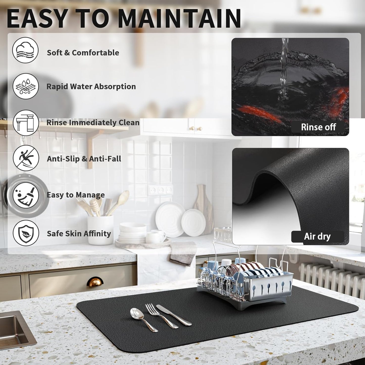 Dish Drying Mat for Kitchen Counter, Heat Resistant Drainer Mats with Non-slip Rubber Backed, Hide Stain Kitchen Super Absorbent Draining Mat, Easy to Clean Dish Rack Pad, Black 18"x24"
