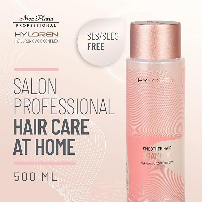 HYLOREN Smoother Hair Shampoo with Hyaluronic Acid for hair, All Hair Types, Color & Chemically Treated Hair, SLS/SLES Free, Hydrating Shampoo, Smoothing Anti Frizz Shampoo 500ml