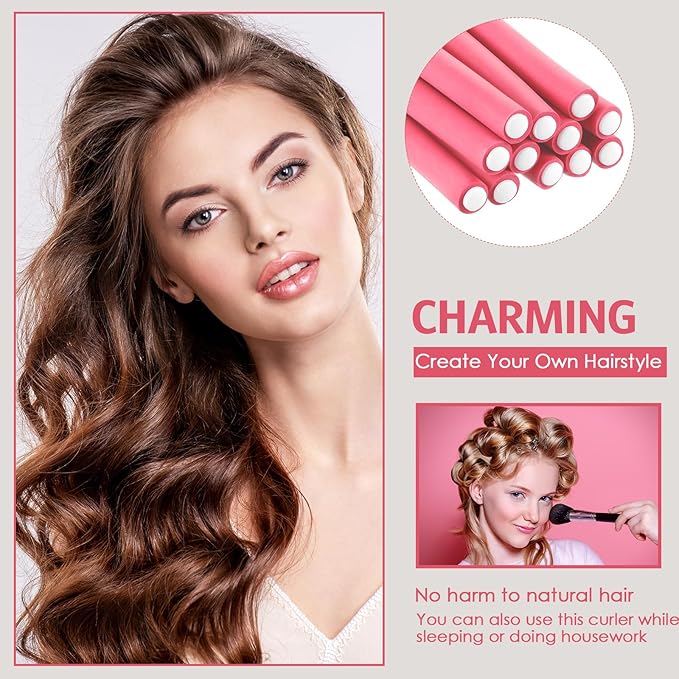 Syhood 30 Pieces Flexible Curling Rods Twist Hair Rollers Soft Foam Rods No Heat and 1 Pcs Steel Rat Tail Comb for Women Long and Short Hair(7 x 0.3 Inch,Pink)