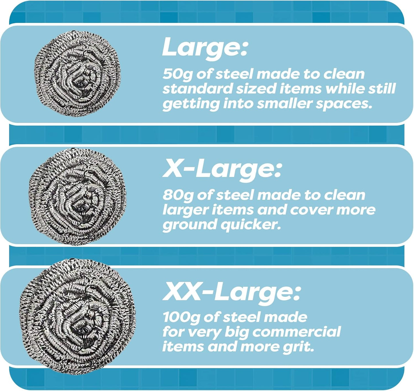 12 Pack Stainless Steel Scourers by Scrub It – Steel Wool Scrubber Pad Used for Dishes, Pots, Pans, and Ovens. Easy scouring for Tough Kitchen Cleaning. (XX Large (100 gram))