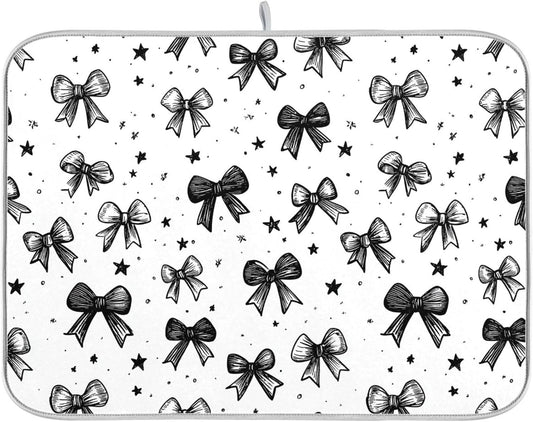 Black White Bowknot Dish Drying Mat for Kitchen Countertop 16x18 Rectangle Bow Small Drying Mat Reusable Quick Dry Dish Sink Absorbent Mats Dishwasher Easy Clean Decorative Home Decor Essentials