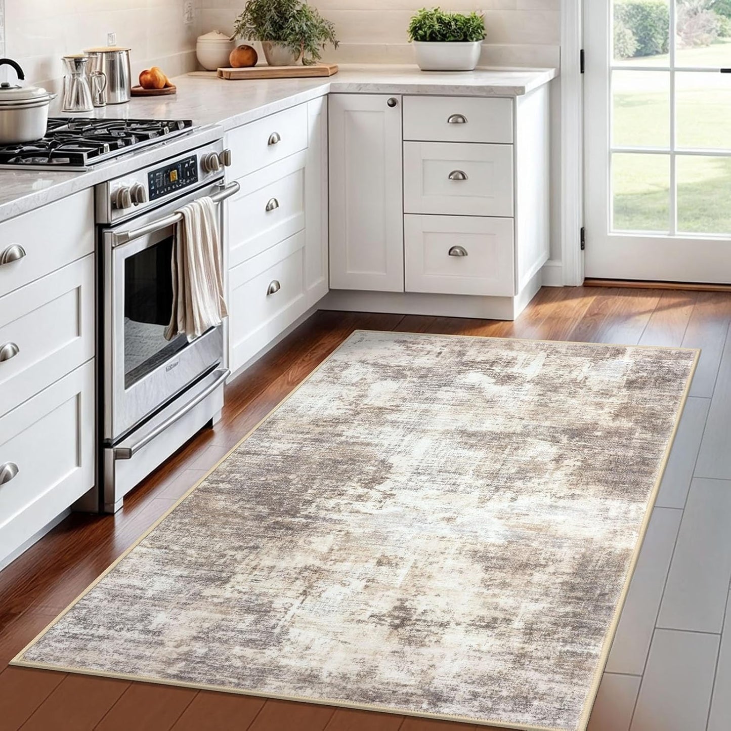 IOHOUZE Abstract Area Rug 4x6 Ft Washable Rugs for Entryway Indoor, Non Slip Small Living Room Rugs Printed Faux Wool Throw Rug, Floor Carpet for Kitchen Nursery Playroom, Beige Brown