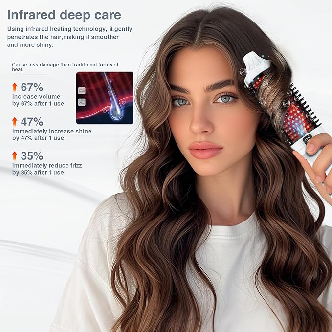 Infrared Bounce Brush, Heated Thermal Round Brush with Negative Ion Technology, 8 Heat Settings for Blowout Look with Hair Care Oil, Straightening & Curling, 1.65" Barrel for All Hair Types, White