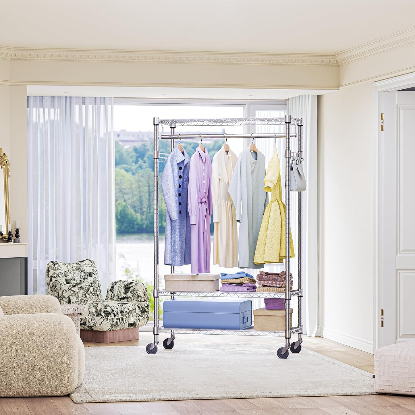 IZEUK Heavy Duty Rolling Garment Rack with 3 Adjustable Wire Shelves, Hanging Rod & Side Hooks - Mobile Clothes Rack with Wheels, 29.5" W x 15.7" D x 75" H,Chrome