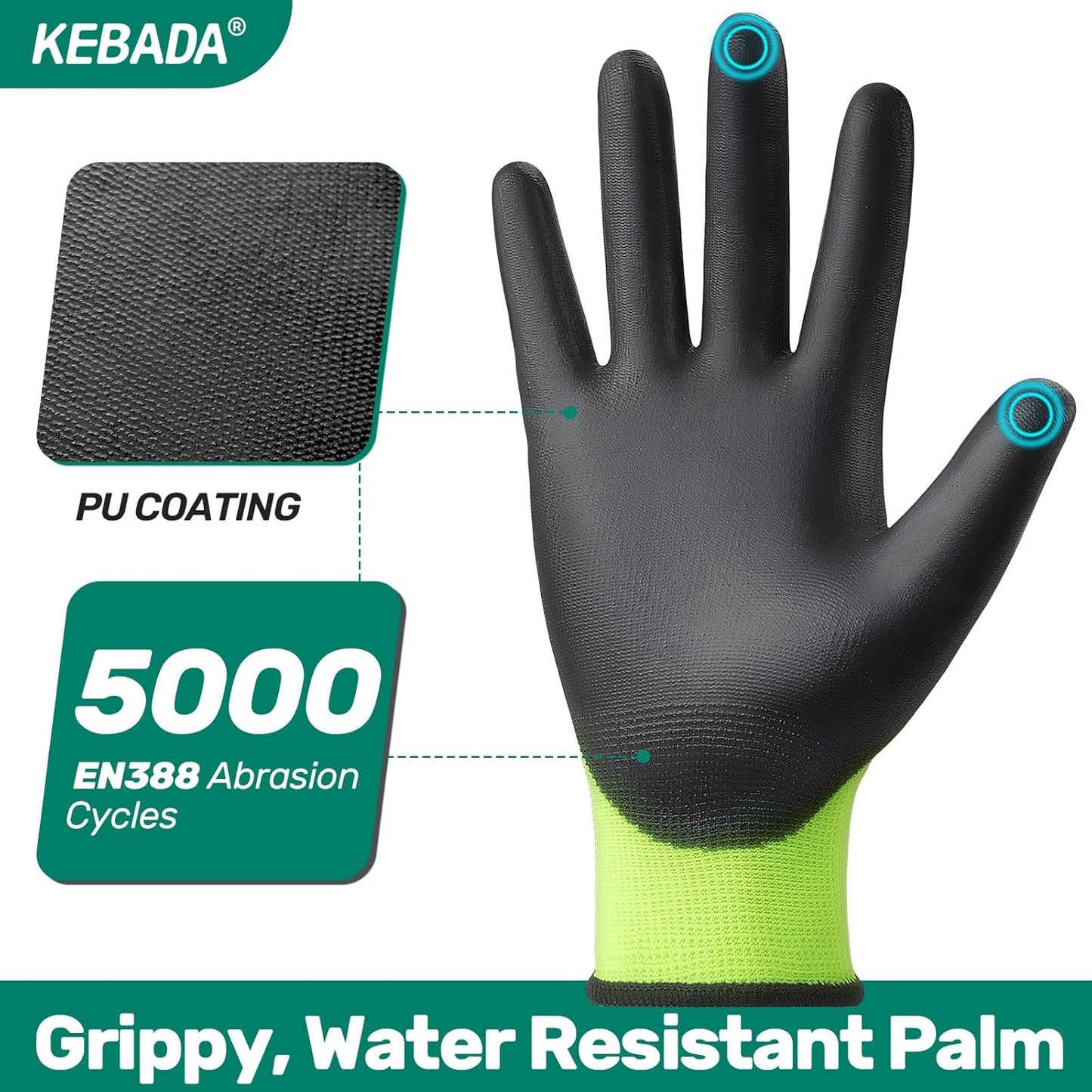 Kebada W1 Work Gloves for Men and Women, PU Coated Safety Gloves with Grip, Touchscreen, Ideal for Warehouse Package Handling, Construction, Gardening, Green XX-Large