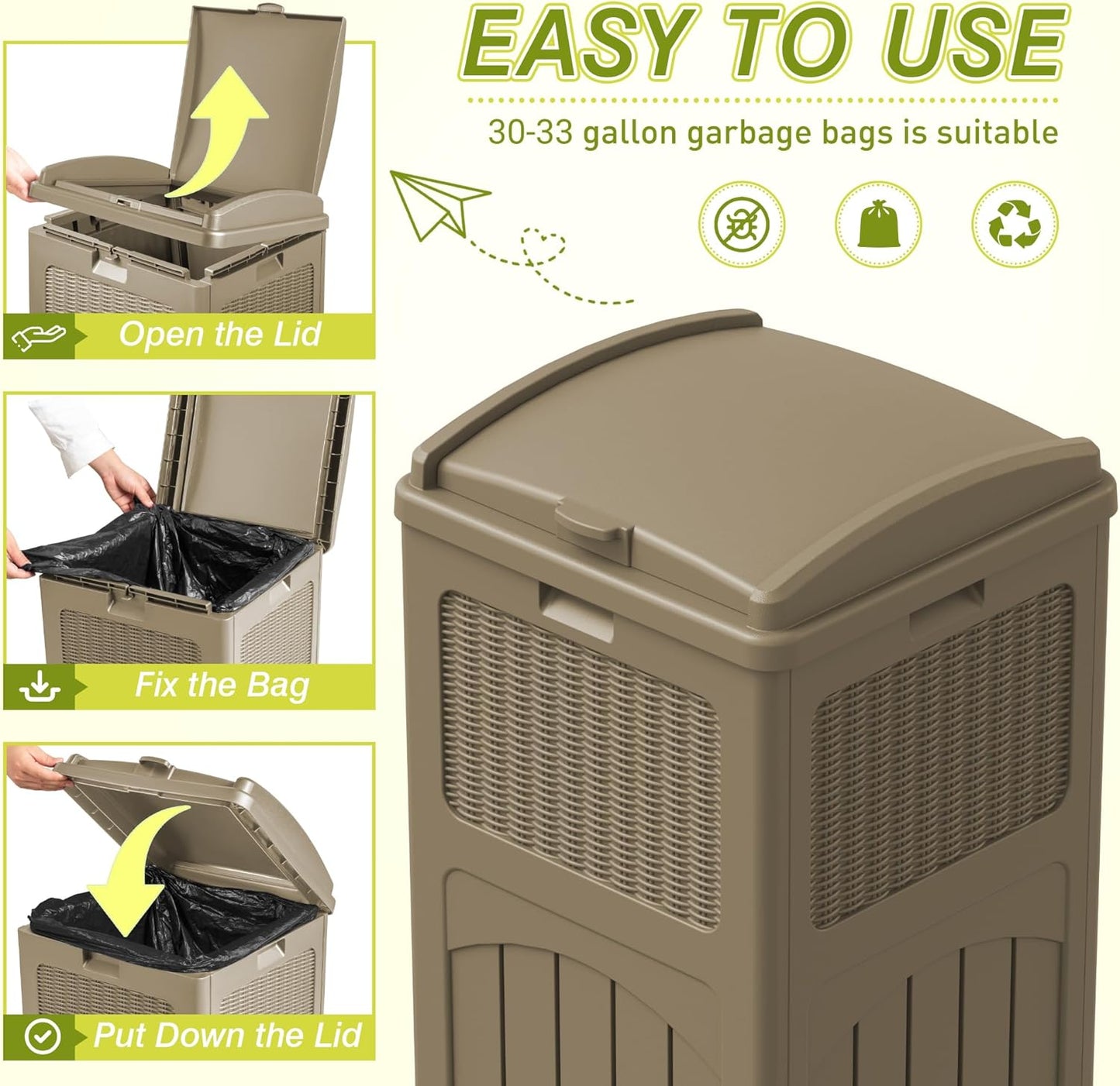 Greesum 33 Gallon Outdoor Trash Can with Lid (2-Pack), Heavy Duty Resin Garbage Bin, Waterproof & UV Resistant for Patio, Garden, Deck, Yard, Light Coffee