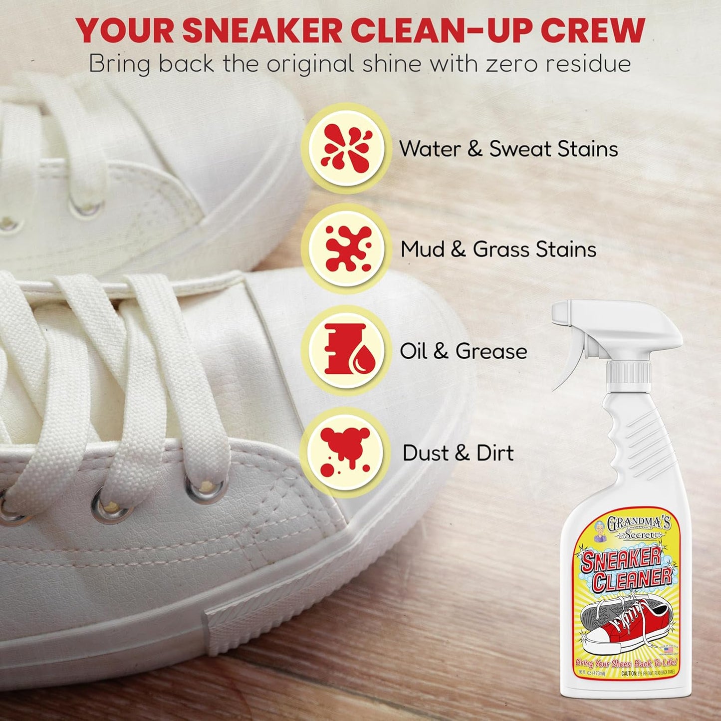Grandma's Secret Shoe Cleaner - Stain Remover Spray for Rubber, Canvas and Leather - Removes Dirt, Grime and Grass - Sneakers Cleaner for Outdoor Shoes, Slippers and Moccasins 16 oz