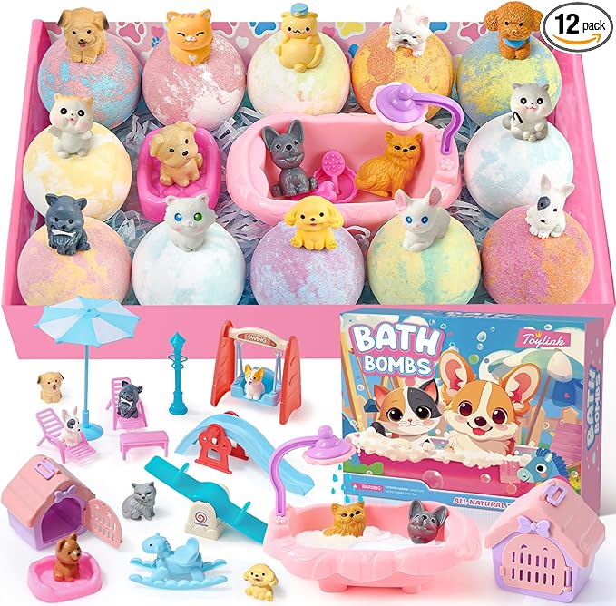 Bath Bombs for Kids with Surprise Inside for Girls Boys, 12 Pack Kids Bath Bombs with Dog & Cat Toys Pretend Playset Handmade Bubble Bath Fizzies Birthday Christmas Gift Set