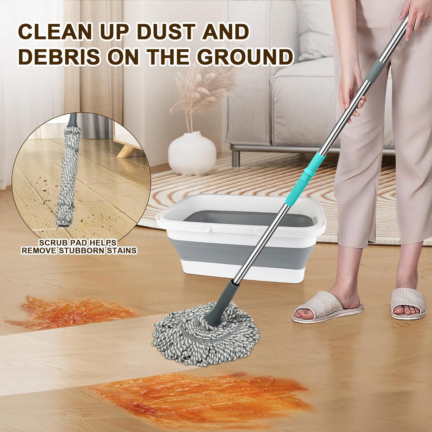 Self Wringing Mop with Bucket- Easy Squeeze Twist Mop with 52.5 Inch Long Handle, Heavy Duty for Hardwood, Tile, Vinyl & Laminate Floors (Gray+White)