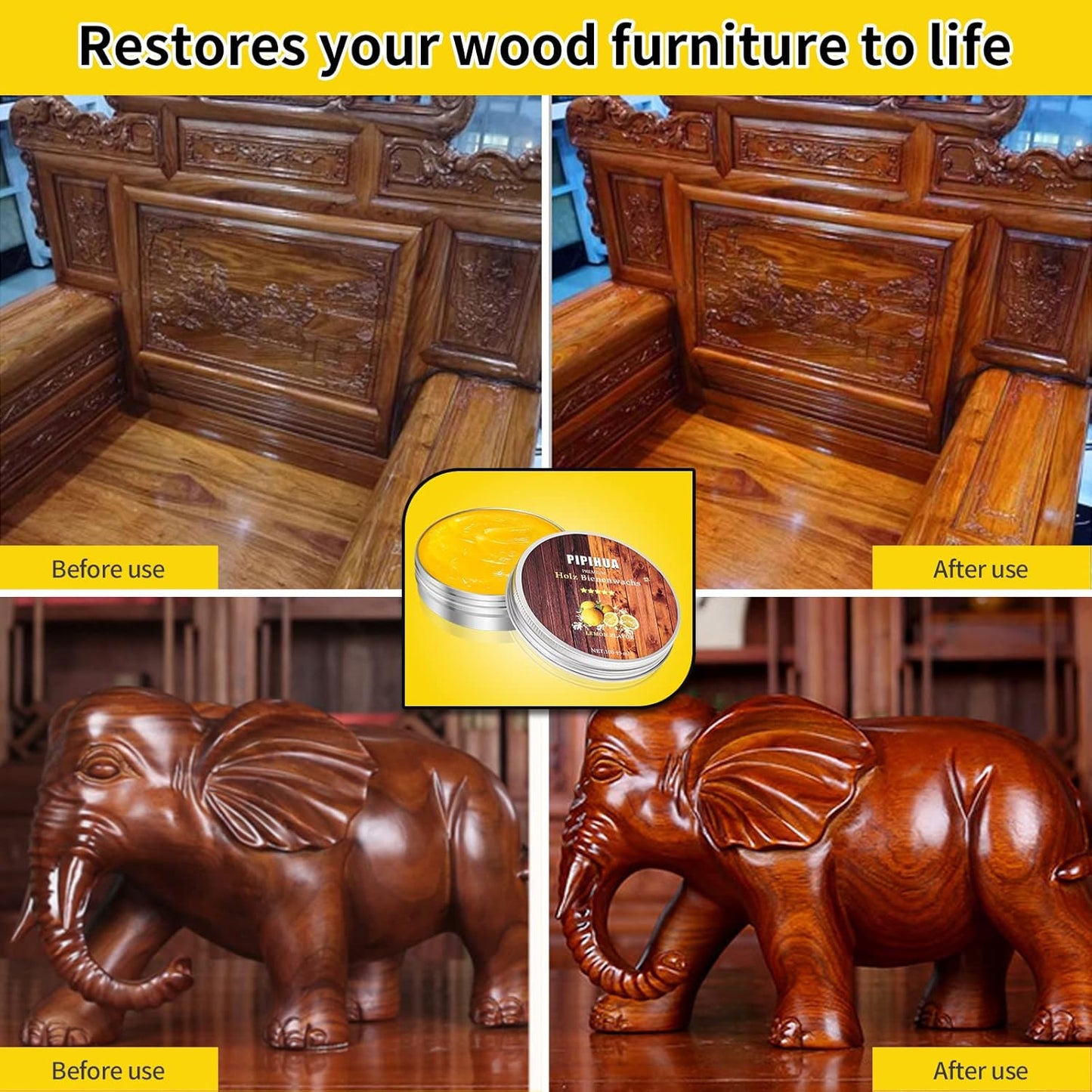 PIPIHUA Beeswax Polish and Conditioner for Wood Furniture - Waterproof & Restorer Wood Wax, Multipurpose Beeswax Furniture Polish and Cleaner for All Types and Colours, Lemon(100g with Sponge)