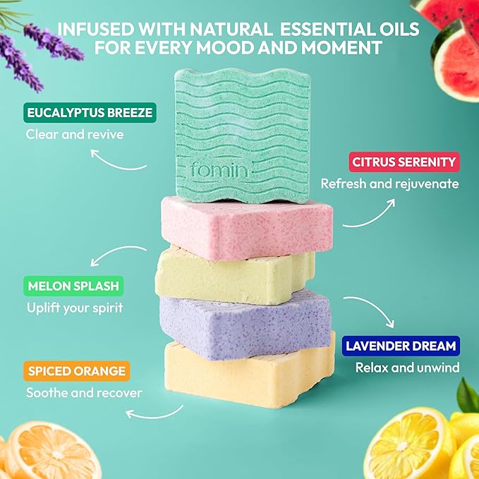 FOMIN Aromatherapy Shower Steamers - 12 Count - Eucalyptus Breeze Bath Bombs with Essential Oil for Stress Relief & Relaxation - Self Care, Spa Gifts for Women and Men - Shower Aroma for Body Wellness