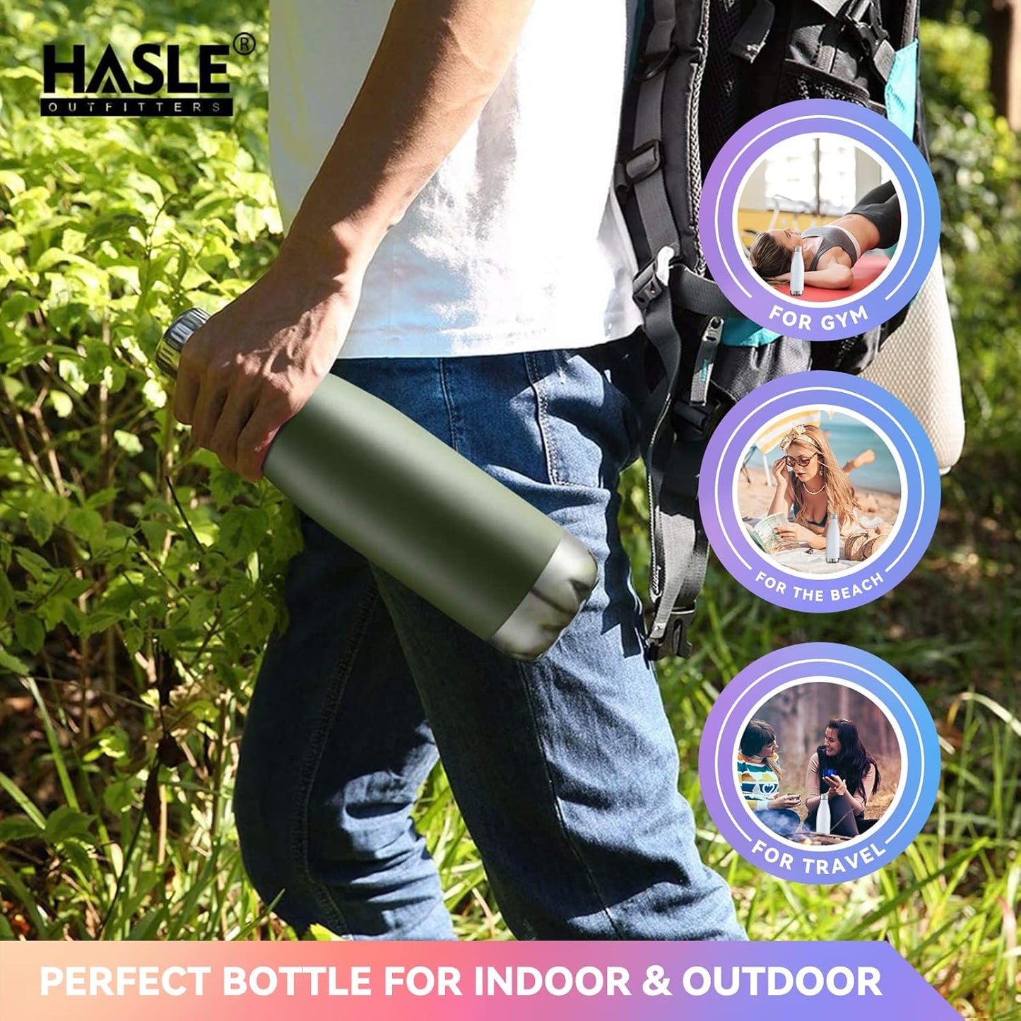 HASLE OUTFITTERS 17oz Stainless Steel Water Bottles, Vacuum Insulated Double Walled Powder Coated Reusable Metal Sports Water Bottles Keep Drinks Hot and Cold, ArmyGreen, 1Pack