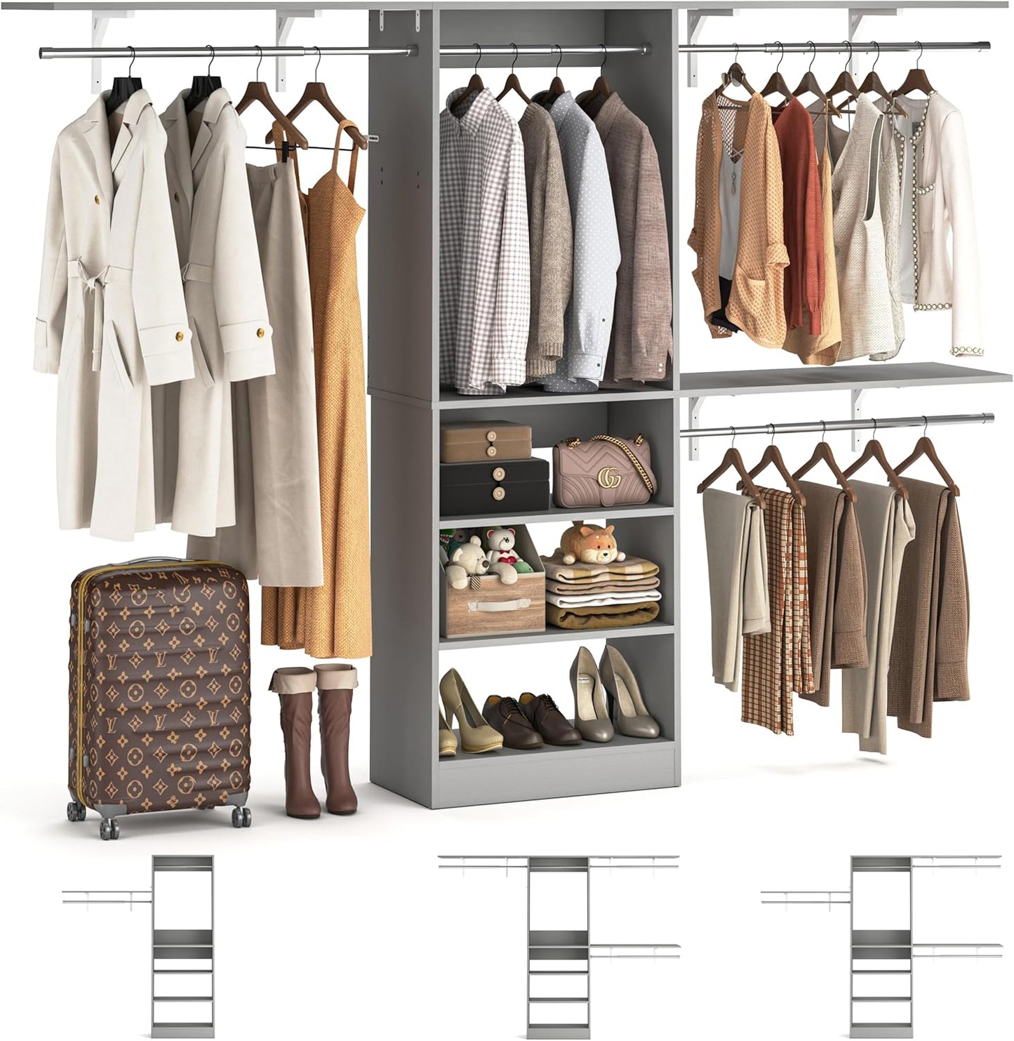 8FT Closet System with Shelves, 96'' Closet Organizer System with 3 Hanging Rods, Wall Mount Bedroom Wardrobe Walk-in Closet, Adjustable Cloth Garment Rack from 5 to 8FT (Cut to Fit), Grey