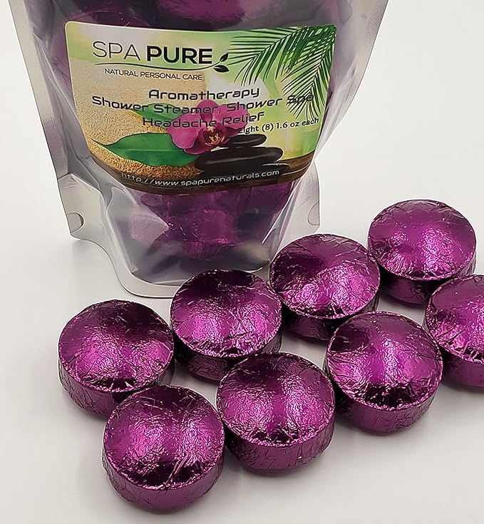 Spa Pure Headache Relief Aromatherapy: Shower Bombs USA Made with 100% Natural/Organic Essential Oils - Lavender, Eucalyptus - Transform Your Shower (8 Count) Pack of 1