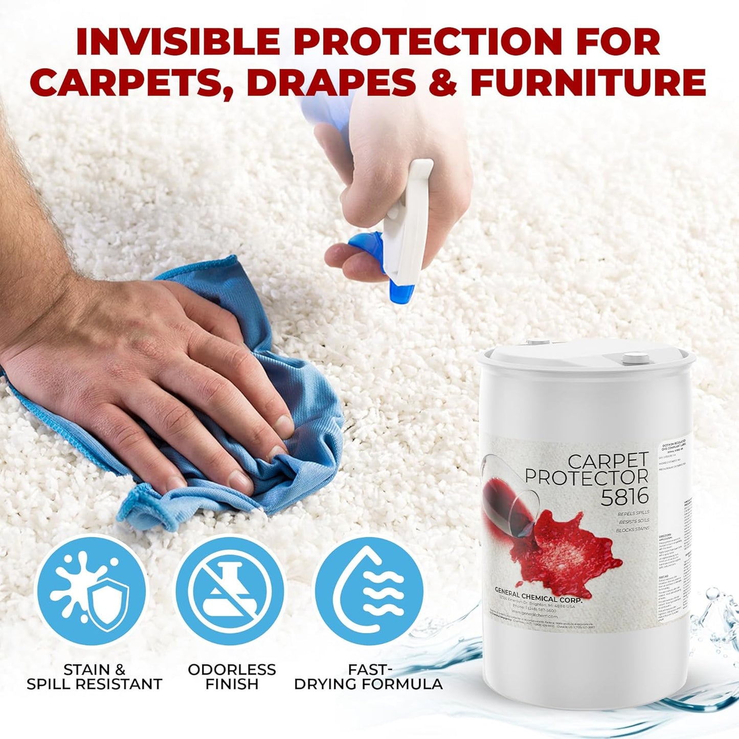 General Chemical Stain Shield Spray - Safe Fabric Protector Spritz and Stain Guard 5816 for Upholstery, Carpets, Rugs, Drapes & More - Impermeable Protectant Spray for Outdoor & Indoor Use - 55 Gallon